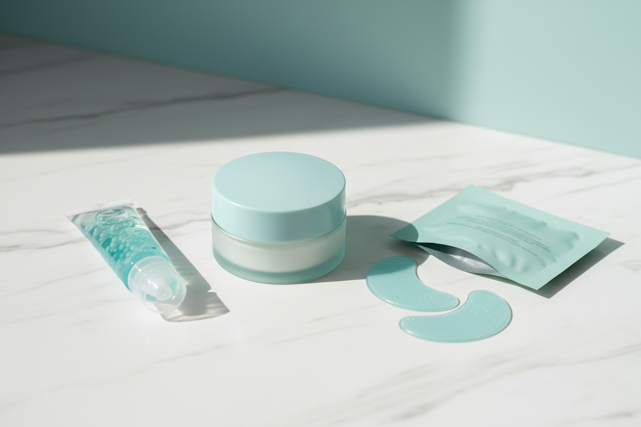 Trois formats de soins décongestionnants pour les yeux : gel, crème contour et patchs sous-oculaires posés sur marbre.