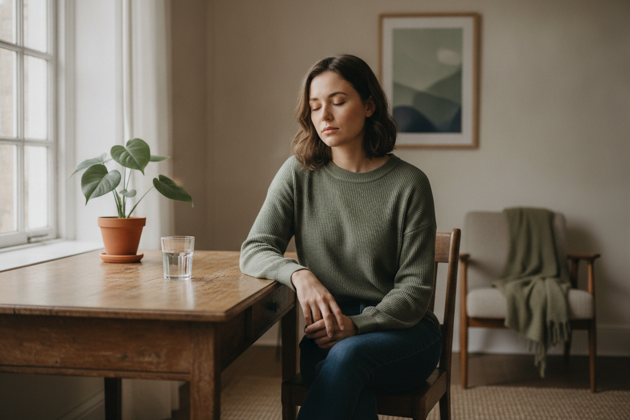 Femme fatiguée assise près d'une fenêtre lumineuse, illustrant le lien entre stress chronique et douleurs vulvaires.