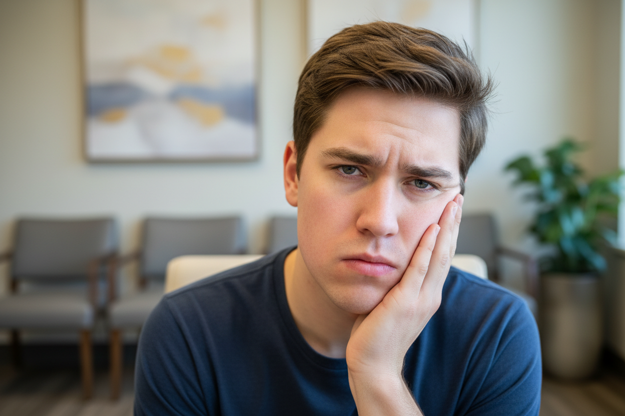 Personne avec une joue gonflée en salle d'attente dentaire, signe d'une infection nécessitant une consultation urgente.