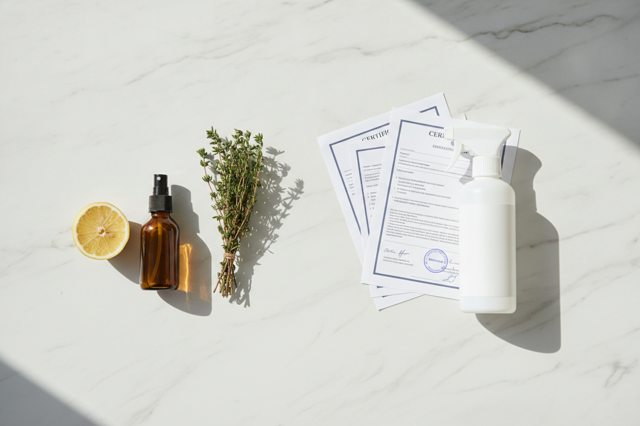 Comparaison entre un désinfectant naturel maison et un produit certifié posés côte à côte sur une surface blanche.