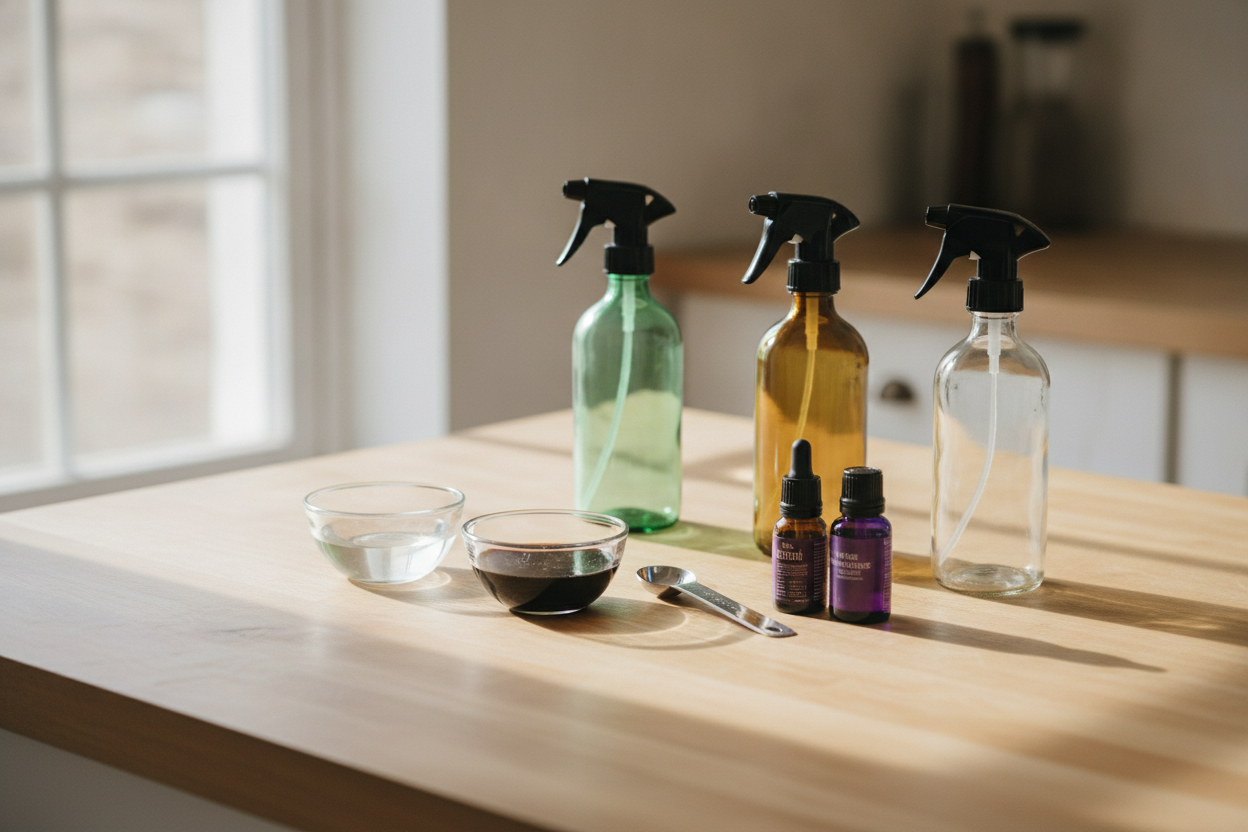 Préparation d'un désinfectant naturel maison avec huiles essentielles, vinaigre blanc et savon noir sur un plan de travail.