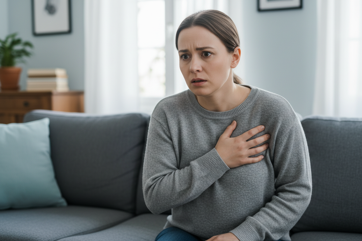 Personne en détresse respiratoire tenant sa poitrine, signe d'alerte urgent nécessitant un appel aux secours.