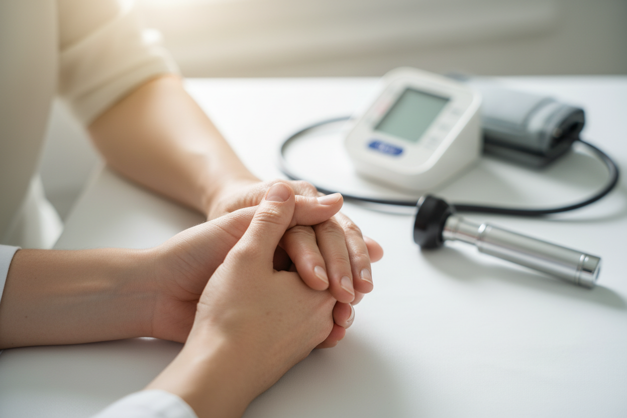 Un médecin tenant la main d'un patient lors d'un bilan de suivi des complications du diabète et de l'hypertension.