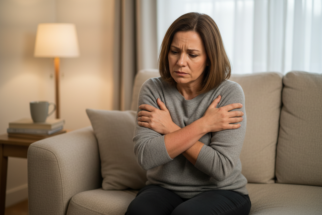 Femme tenant son bras droit douloureux et gonflé, signe possible d'une cause vasculaire ou cardiaque.