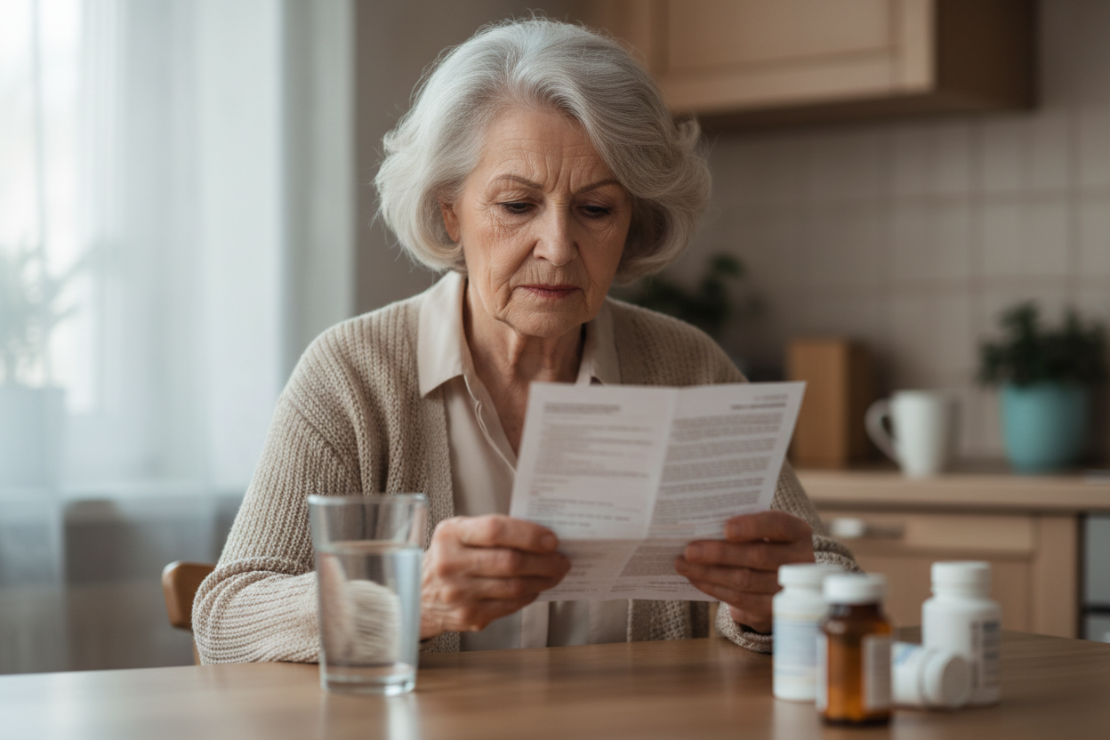 Personne âgée consultant une notice médicale avant de prendre un complément minéral marin.