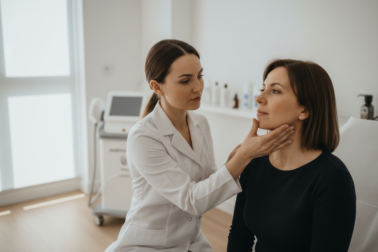 Une praticienne en esthétique médicale évalue le profil mentonnier d'une patiente pour lui recommander la technique adaptée.