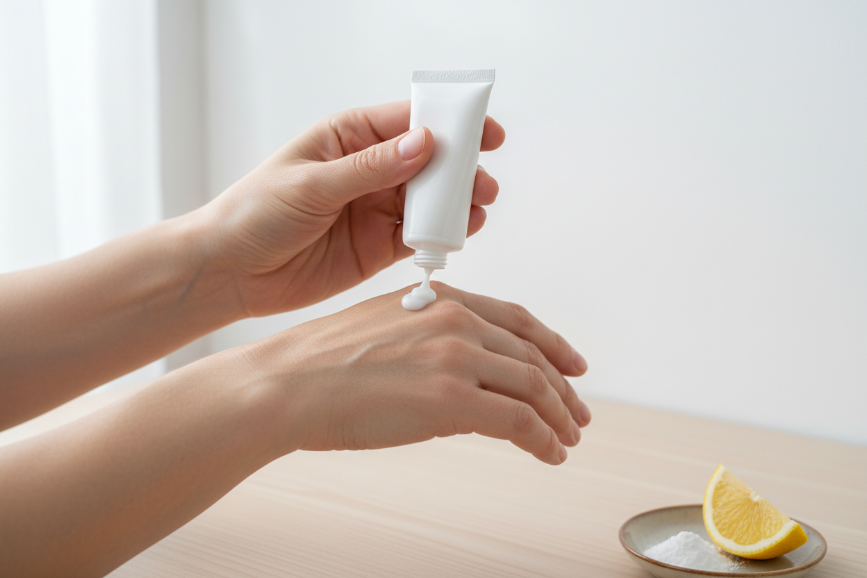 Mains aux doigts légèrement irrités recevant une application de crème hydratante apaisante après traitement.