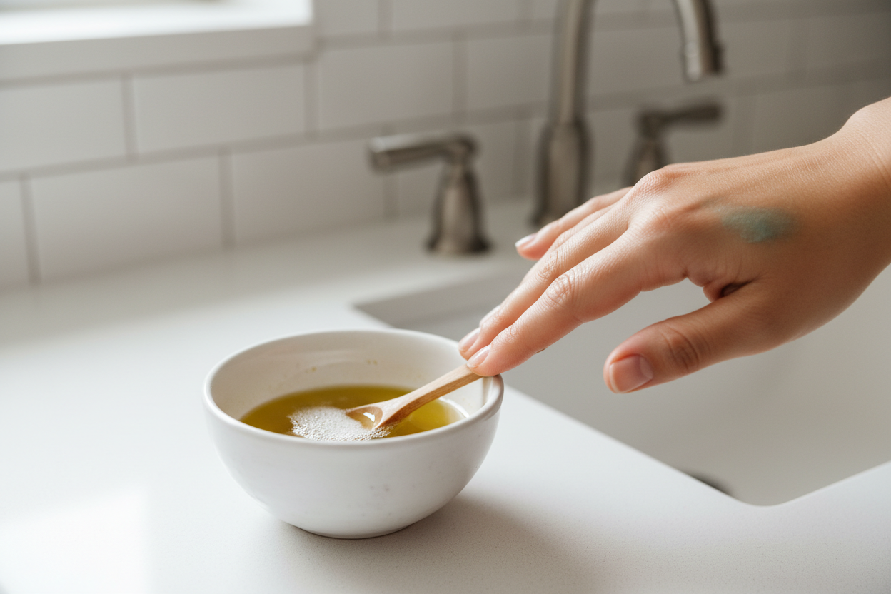 Application d'huile d'olive sur une vieille tache de coloration capillaire incrustée sur la peau du cou.