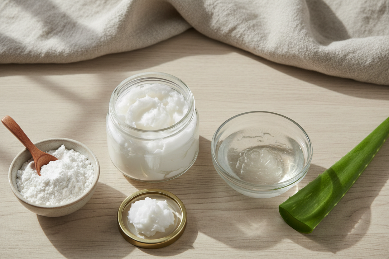 Gel d'aloe vera, huile de coco et fécule de maïs disposés en flat lay comme remèdes naturels contre les irritations cutanées.