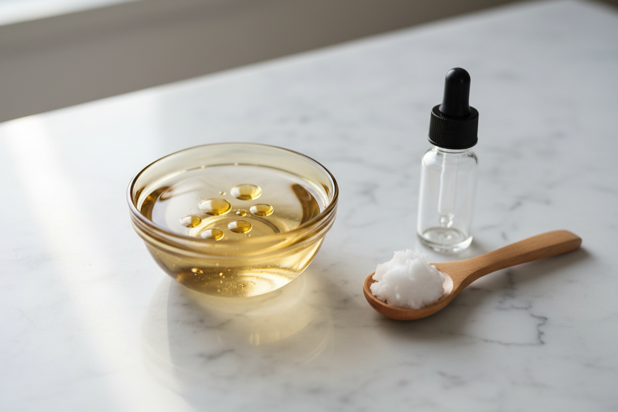 Préparation d'un bain de bouche maison aux huiles essentielles avec de l'huile de coco et un compte-gouttes.