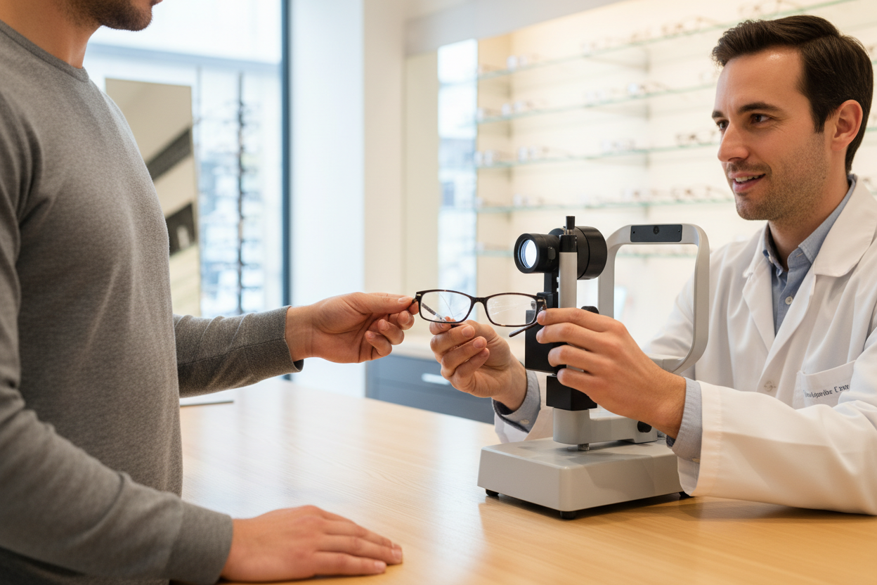 Un opticien examine des lunettes cassées apportées par un client pour mesurer et reproduire la correction existante.