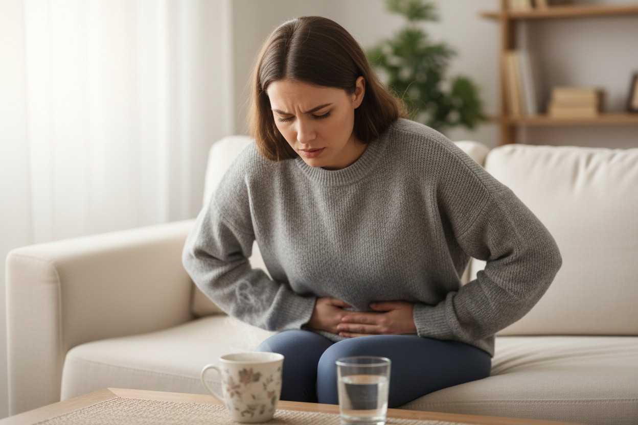 Femme ressentant des inconforts digestifs lors d'une cure de thé détox, assise chez elle.