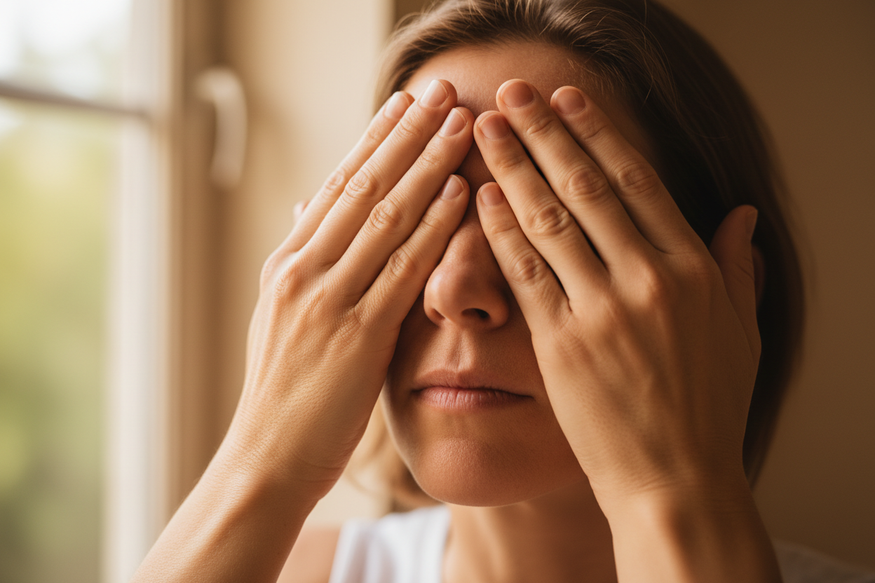 Personne pratiquant le palmage oculaire, paumes chaudes posées en coupe sur les yeux fermés pour soulager la fatigue visuelle.