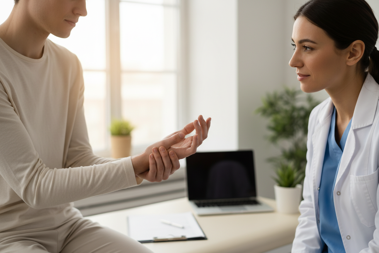 Patient atteint d'ostéogenèse imparfaite en consultation médicale, illustrant la diversité des symptômes de la maladie.