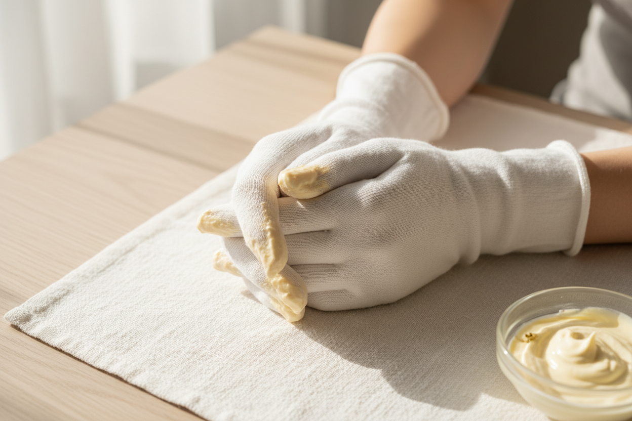 Mains portant des gants en coton blancs lors de l'application d'un masque maison nourrissant.