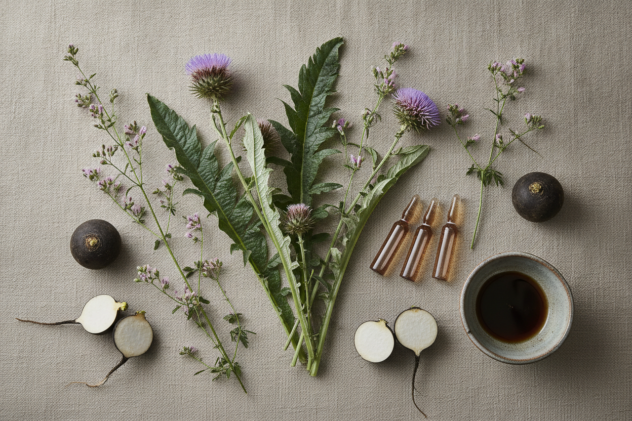 Plantes médicinales biliaires disposées en flat lay : artichaut, chardon-marie, fumeterre et radis noir frais.