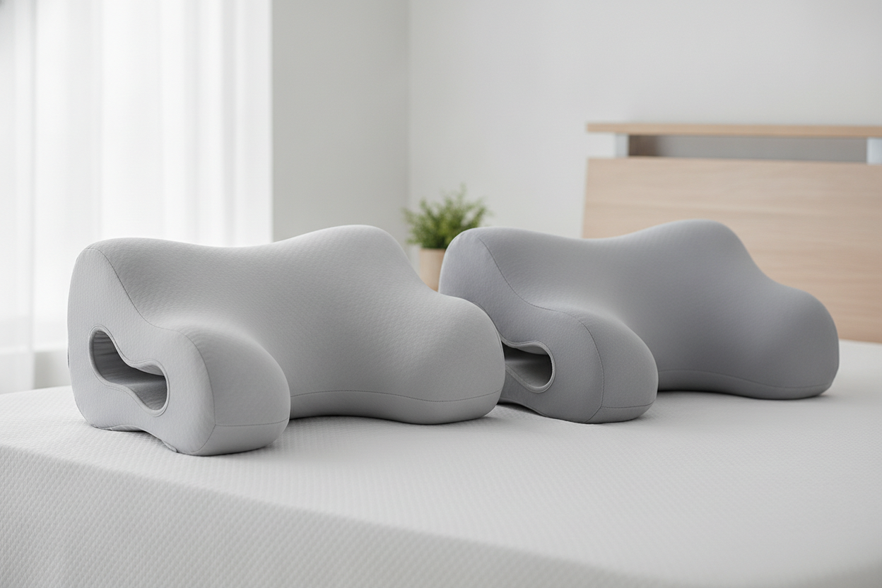 Deux oreillers anatomiques pour apnée du sommeil présentant des découpes latérales adaptées au masque CPAP.