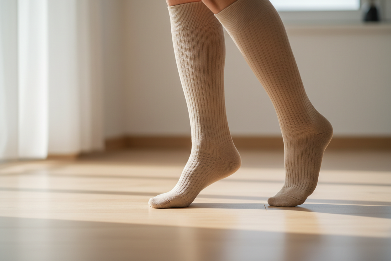 Personne portant des chaussettes de contention médicale et marchant doucement pour favoriser le retour veineux.