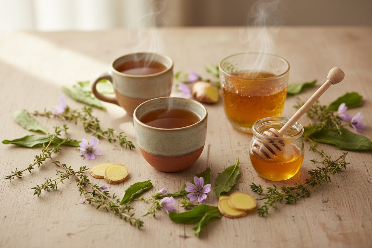 Trois tasses de tisane aux plantes médicinales entourées de thym, plantain et mauve pour détoxifier les poumons.