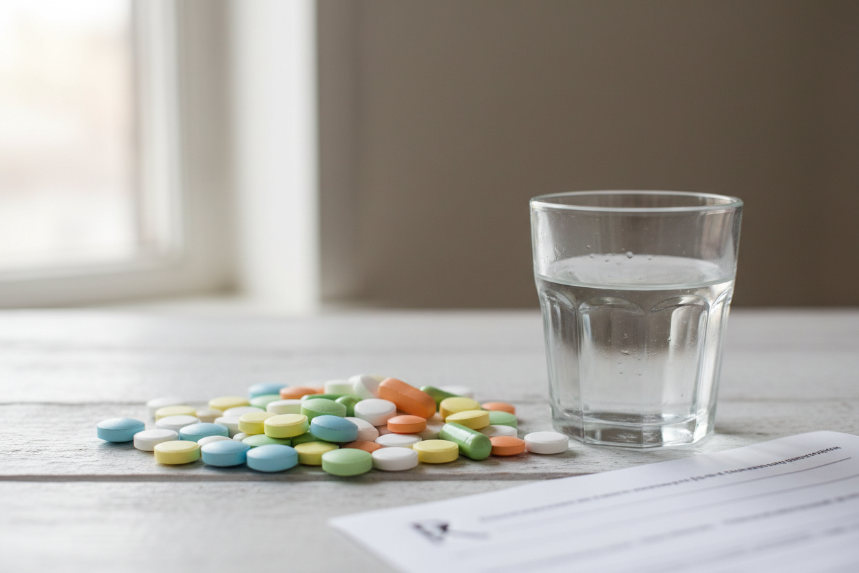 Médicaments variés posés à côté d'une ordonnance médicale, illustrant les traitements pouvant fausser la TSH.