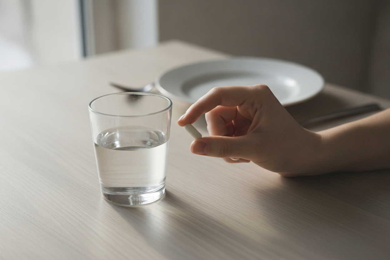 Main tenant une gélule probiotique avant un repas, avec un verre d'eau posé sur une table en bois.