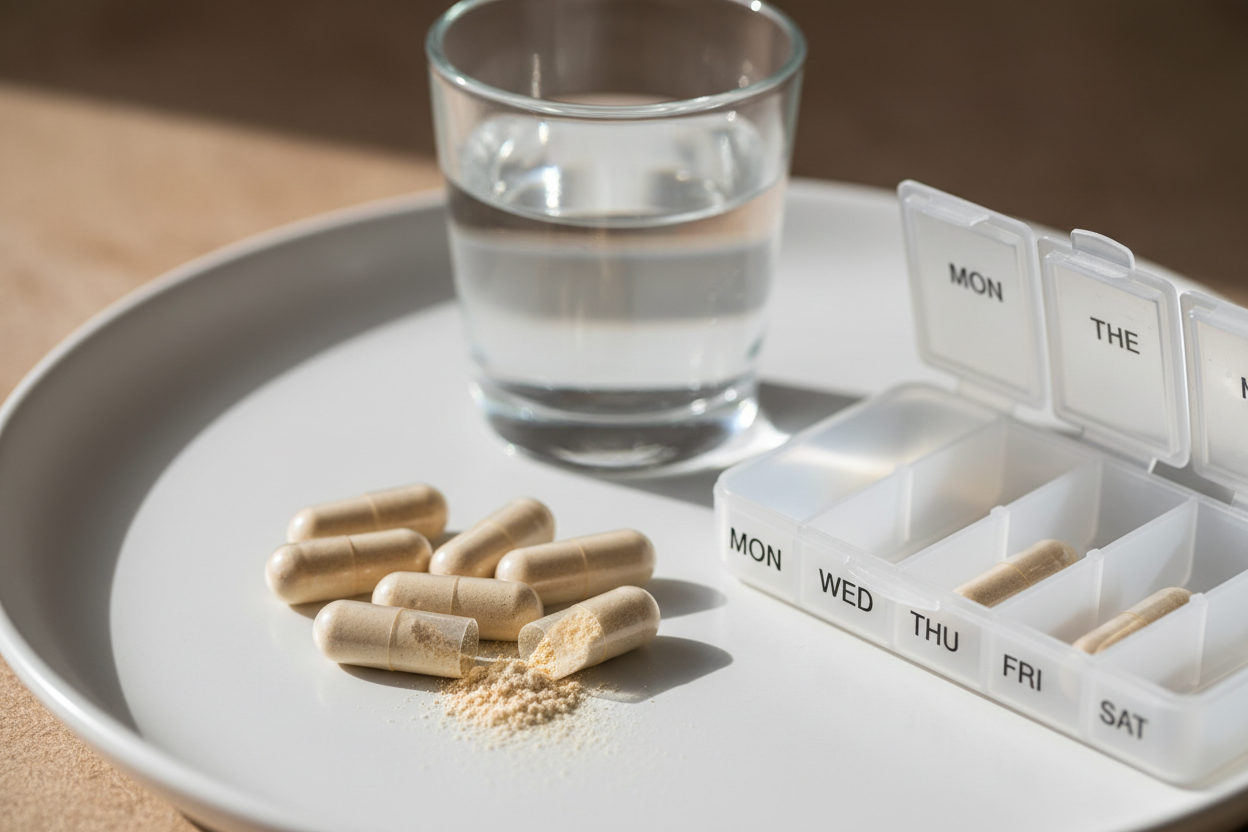 Gélules de probiotiques gastro-résistantes disposées sur une surface blanche avec un verre d'eau, illustrant le dosage et la forme galénique.