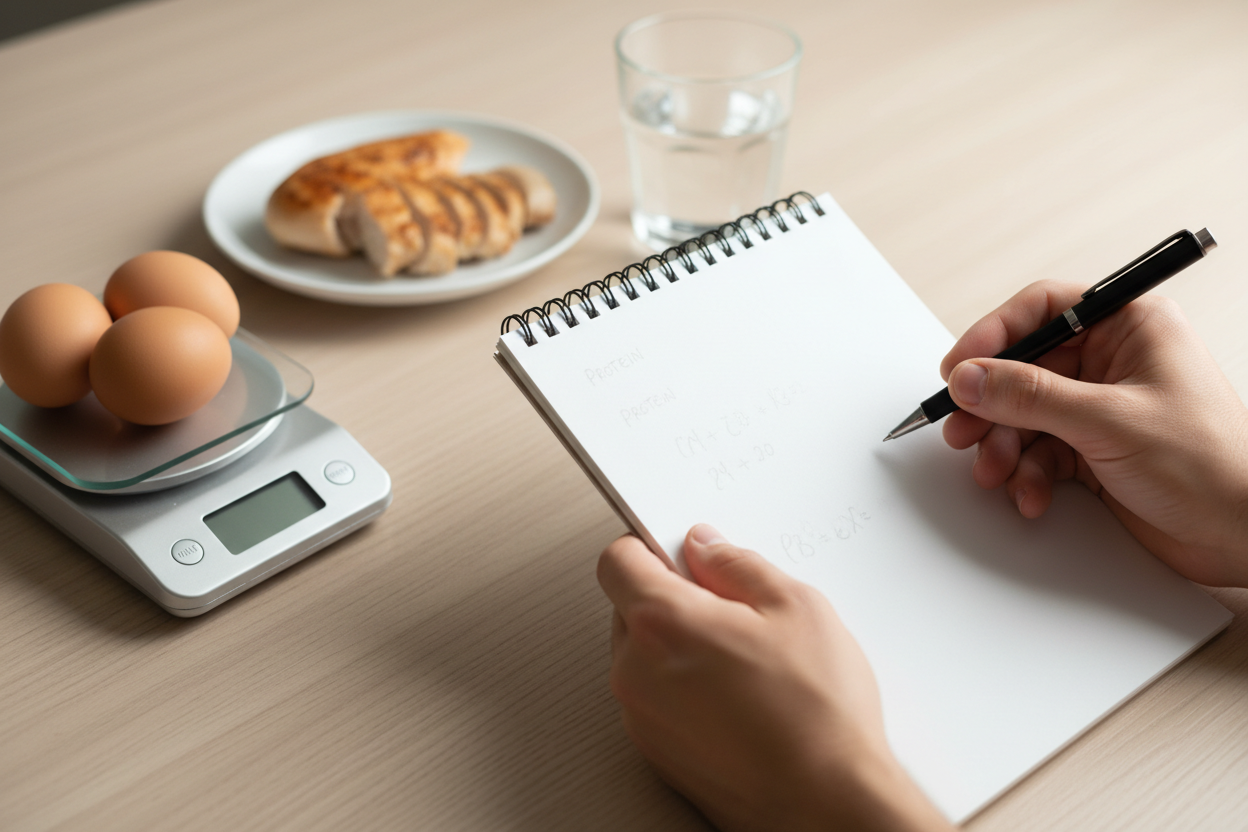 Cahier de calcul nutritionnel posé sur une table avec des aliments protéinés et une balance de cuisine.