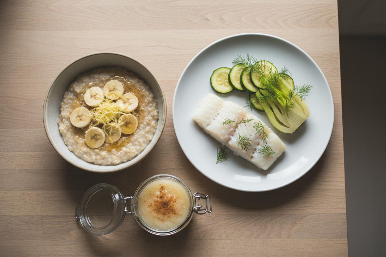 Trois repas anti-reflux alignés : porridge banane-gingembre, cabillaud vapeur fenouil-courgette et compote de poire.