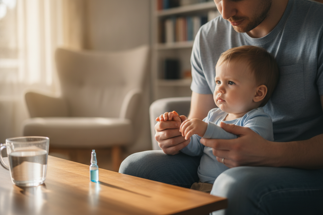 Parent tenant doucement un enfant sur ses genoux pour rincer son œil avec du sérum physiologique en unidose.