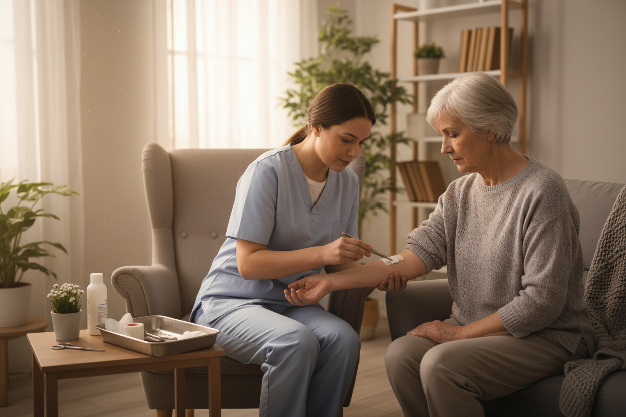 Infirmière libérale réalisant un soin de retrait d'agrafes au domicile d'un patient âgé.