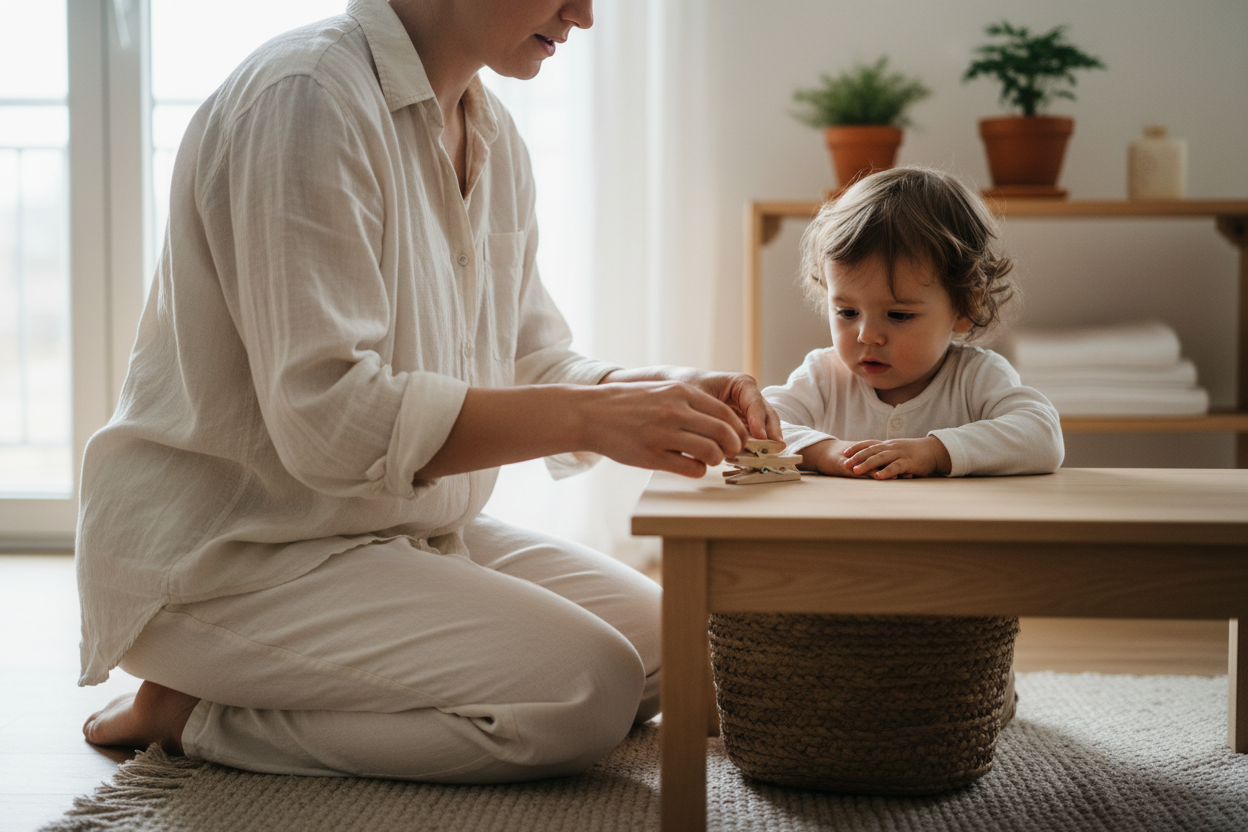 Un adulte montre silencieusement à un jeune enfant comment pincer une pince à linge sur un panier en bois.