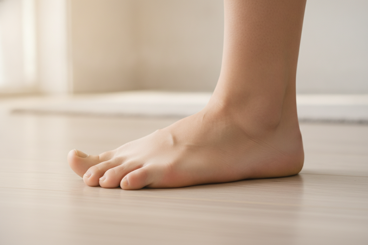 Exercice d'abduction du gros orteil réalisé pieds nus sur un parquet clair pour renforcer le pied.