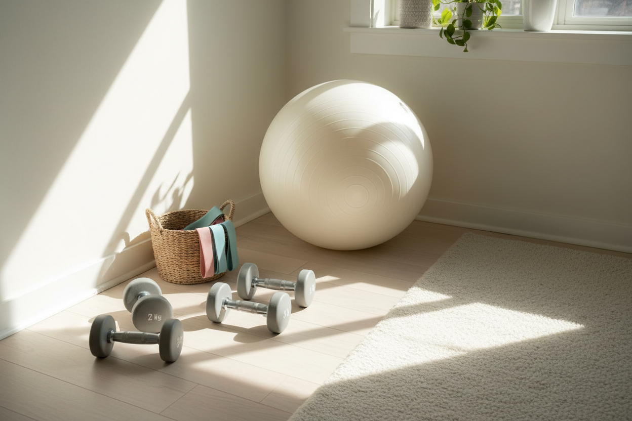 Haltères légers, bandes élastiques et ballon de gym posés sur un parquet clair pour s'entraîner à domicile.