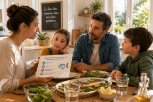 Une famille discutant autour d'un repas avec du poisson, l'air préoccupé mais calme, dans une cuisine lumineuse.