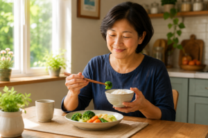 Une personne d'âge moyen à table, dégustant un repas simple et sain, comme du riz et des légumes cuits à la vapeur, dans un environnement lumineux et accueillant.