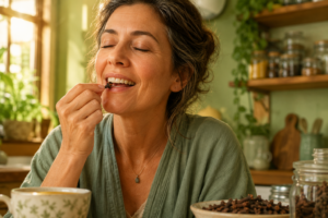 Une personne adulte appliquant un clou de girofle sur une dent, avec un regard de soulagement, dans une cuisine chaleureuse.
