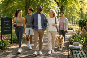 A person walking confidently and happily in a sunny park, showing active and pain-free movement, symbolizing relief from hip pain.