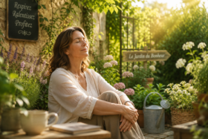 Une femme d'âge moyen dans un jardin à la lumière douce du matin, assise paisiblement, les yeux fermés et respirant profondément, entourée par la nature.