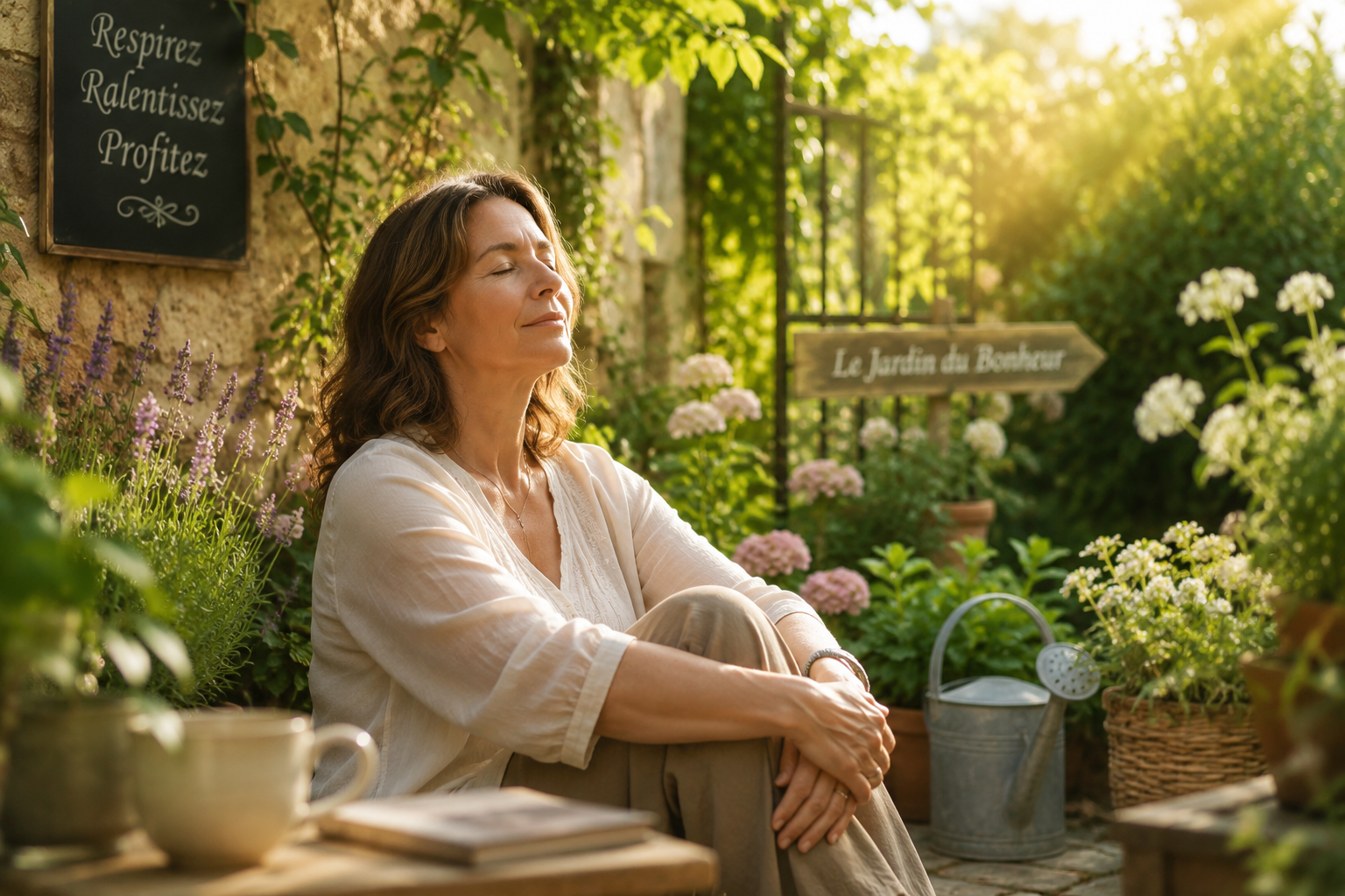 Une femme d'âge moyen dans un jardin à la lumière douce du matin, assise paisiblement, les yeux fermés et respirant profondément, entourée par la nature.