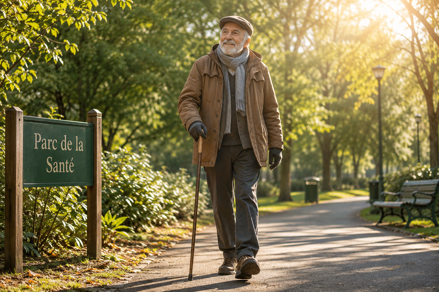 Une personne âgée active, en train de faire une promenade matinale dans un parc, symbolisant la vitalité malgré l'âge.