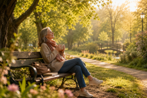 Une personne assise dans un parc, prenant un moment de repos, entourée d'arbres. La lumière du matin crée une atmosphère apaisante, suggérant bien-être et autonomie.