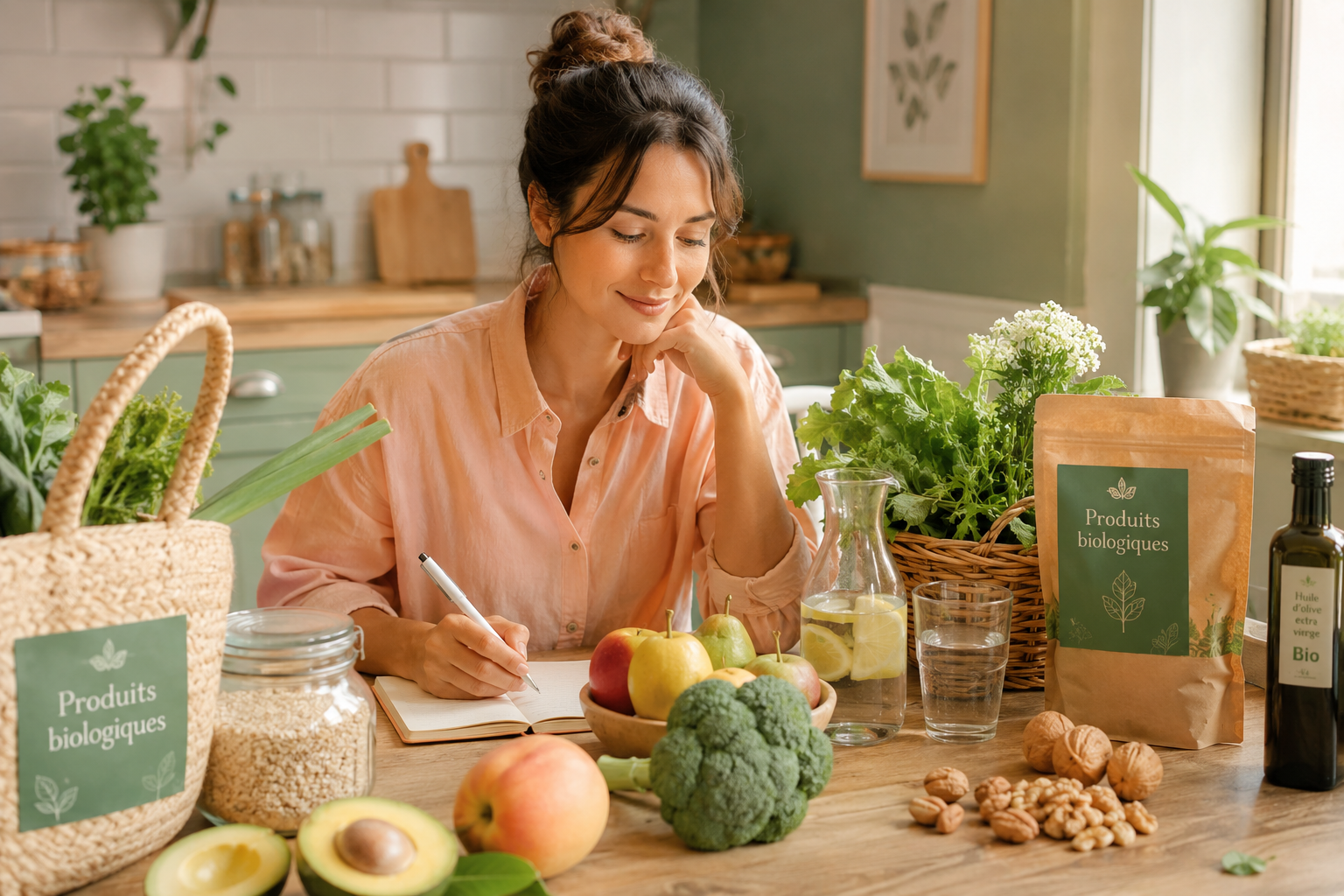 Une personne assise à une table, sélectionne des aliments sains, entourée d'une lumière douce, exprimant confort et réflexion.