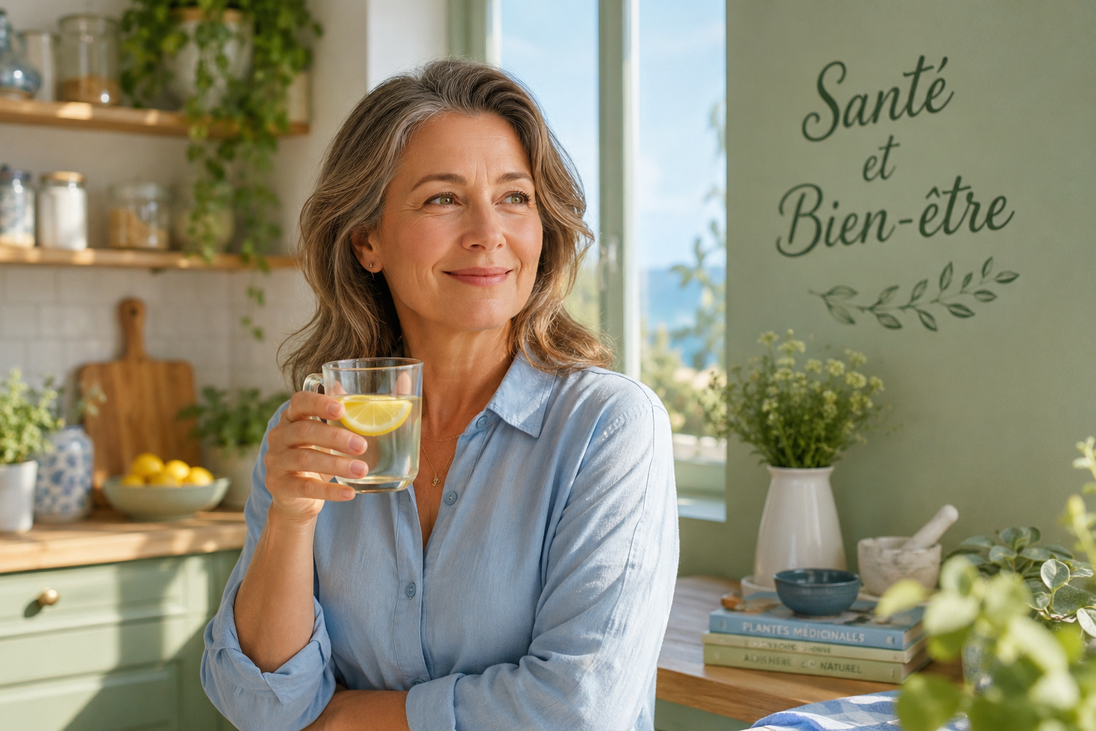 Une personne mature, sereine, boit un verre d'eau tiède avec du citron le matin, dans une cuisine lumineuse.