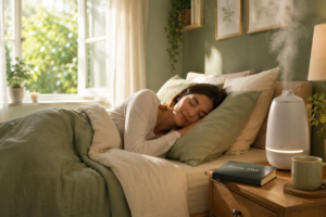 Une personne allongée sur le côté dans une chambre bien aérée, avec des oreillers surélevés et un humidificateur d'air à proximité.