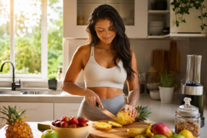 Une personne sereine en train de préparer des fruits frais, symbolisant l'impact positif de l'alimentation sur le bien-être intime.