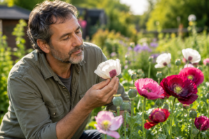 Un jardinier examine attentivement une fleur de pavot somnifère en pleine floraison, entouré d'autres plantes dans un jardin lumineux.