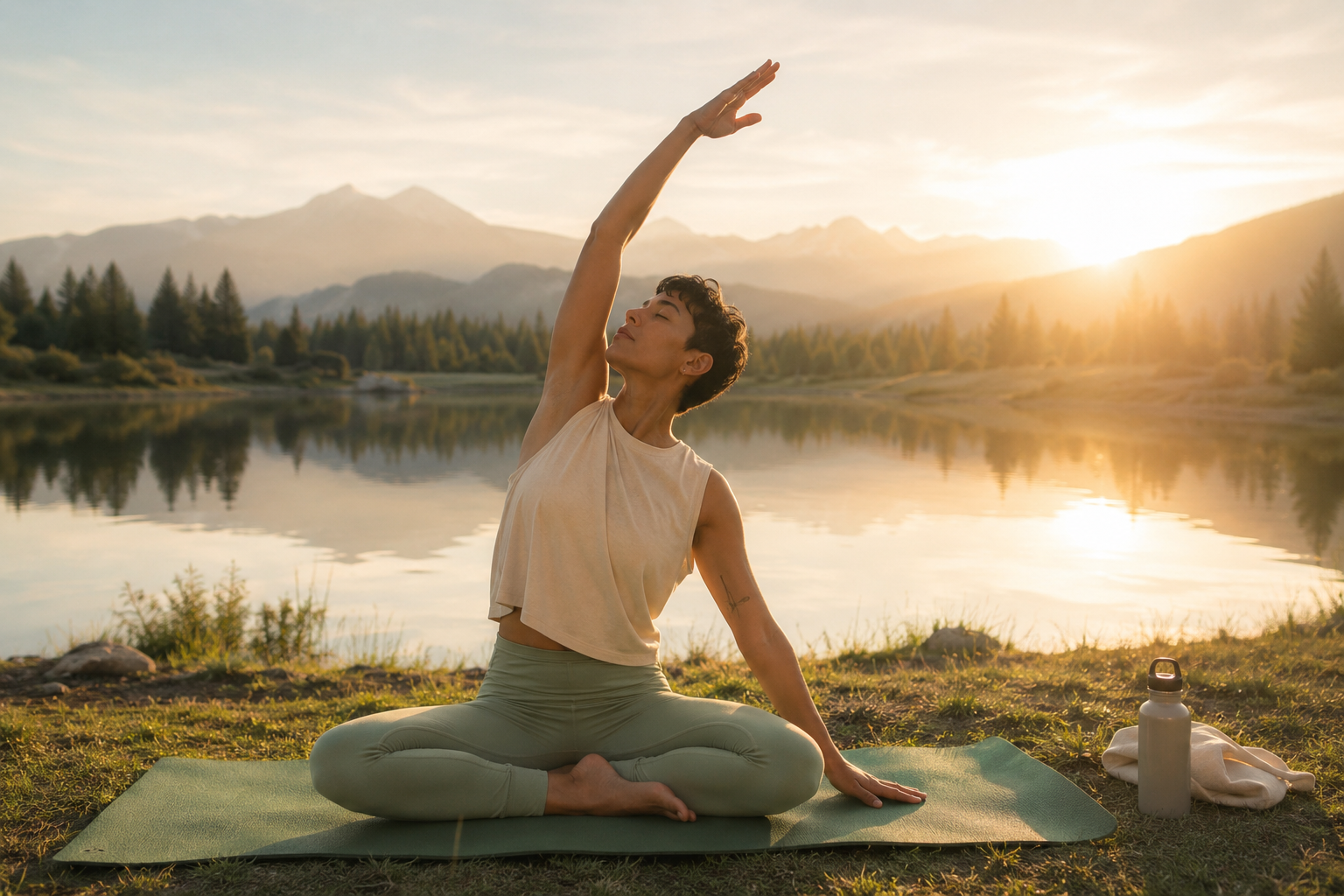 Une personne de dos, au lever du soleil, respirant profondément avec une posture calme et confiante sur un tapis de yoga en extérieur.