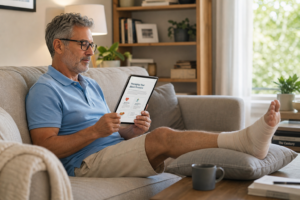 A person sitting comfortably, gently elevating their leg with a pillow, in a well-lit living room.