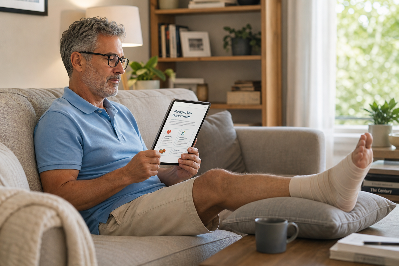 A person sitting comfortably, gently elevating their leg with a pillow, in a well-lit living room.
