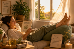 Une personne allongée avec les jambes surélevées sur un coussin et une expression de détente.